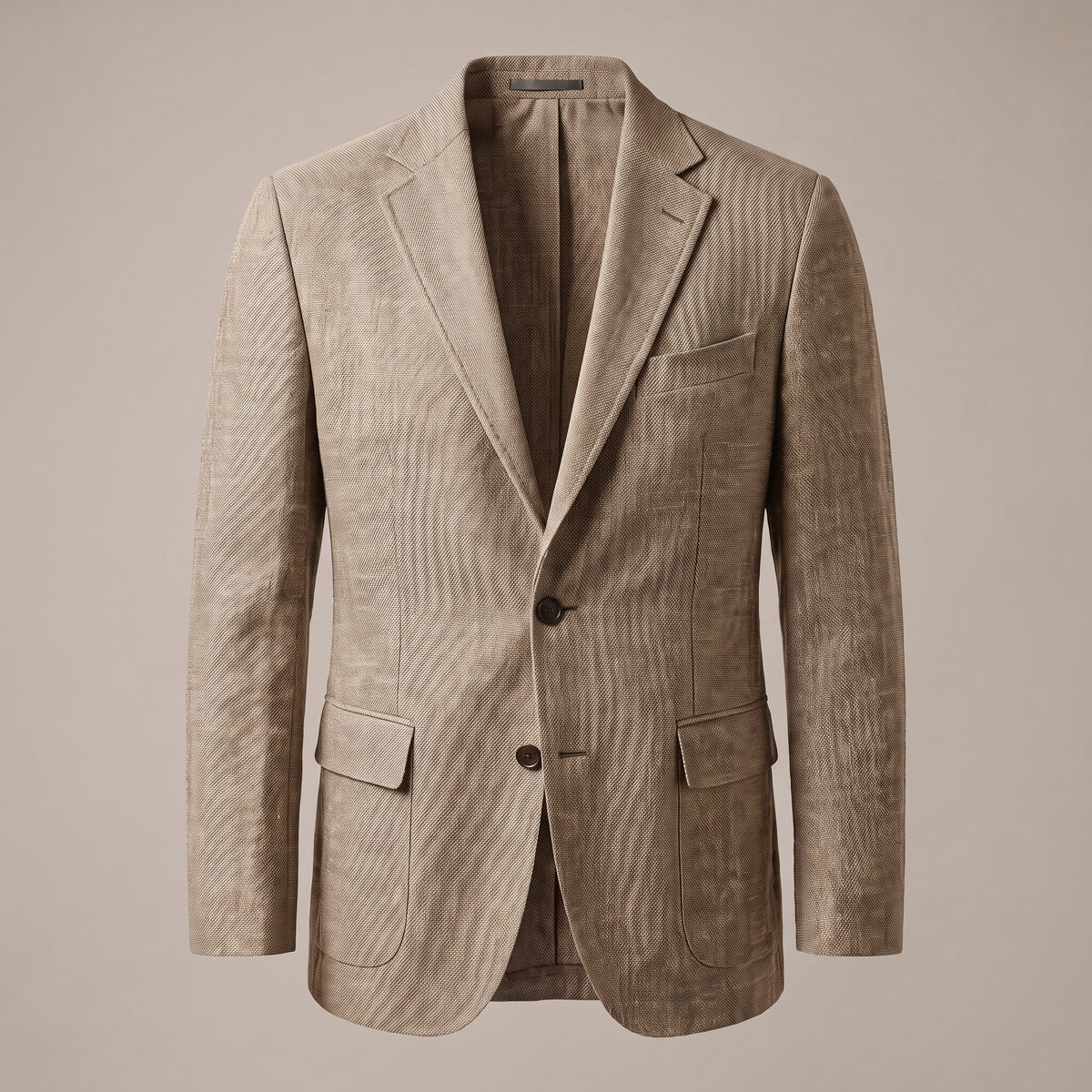 Light khaki textured sport coat with notch lapel, front view