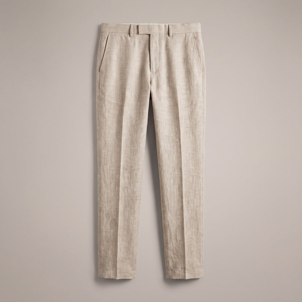Beige flat-front dress trousers with belt loops, front view