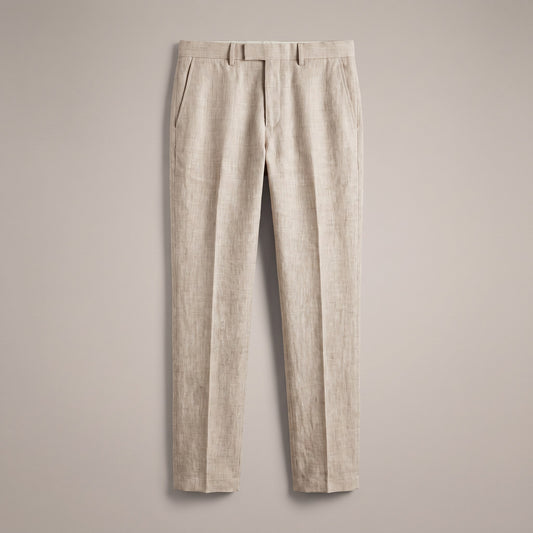 Beige flat-front dress trousers with belt loops, front view