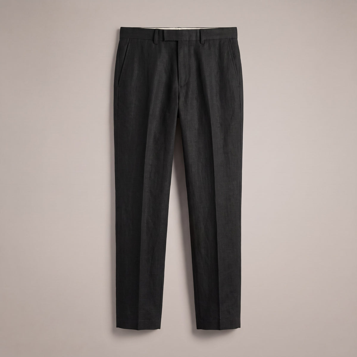 Black flat-front dress trousers with belt loops, front view