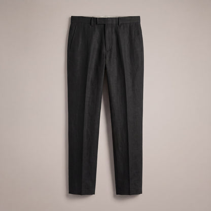 Black flat-front dress trousers with belt loops, front view