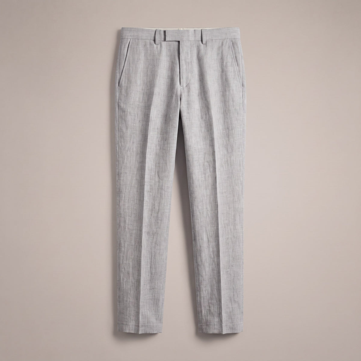 Light gray flat-front dress trousers with belt loops, front view