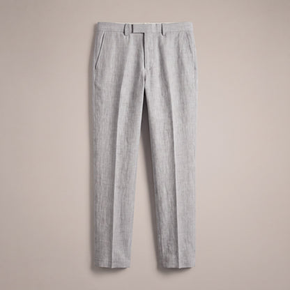 Light gray flat-front dress trousers with belt loops, front view