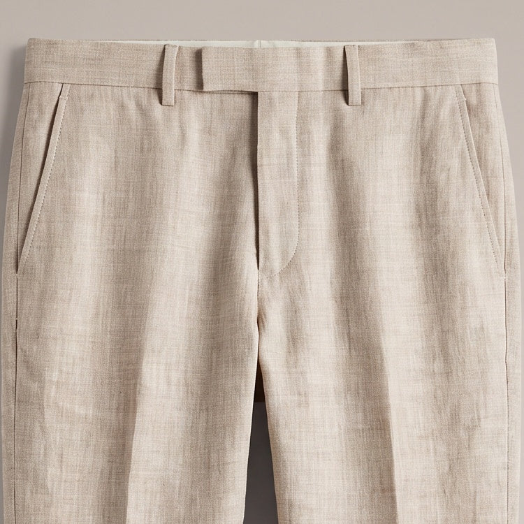 Close view of the flat front waistband, belt loops and side pocket