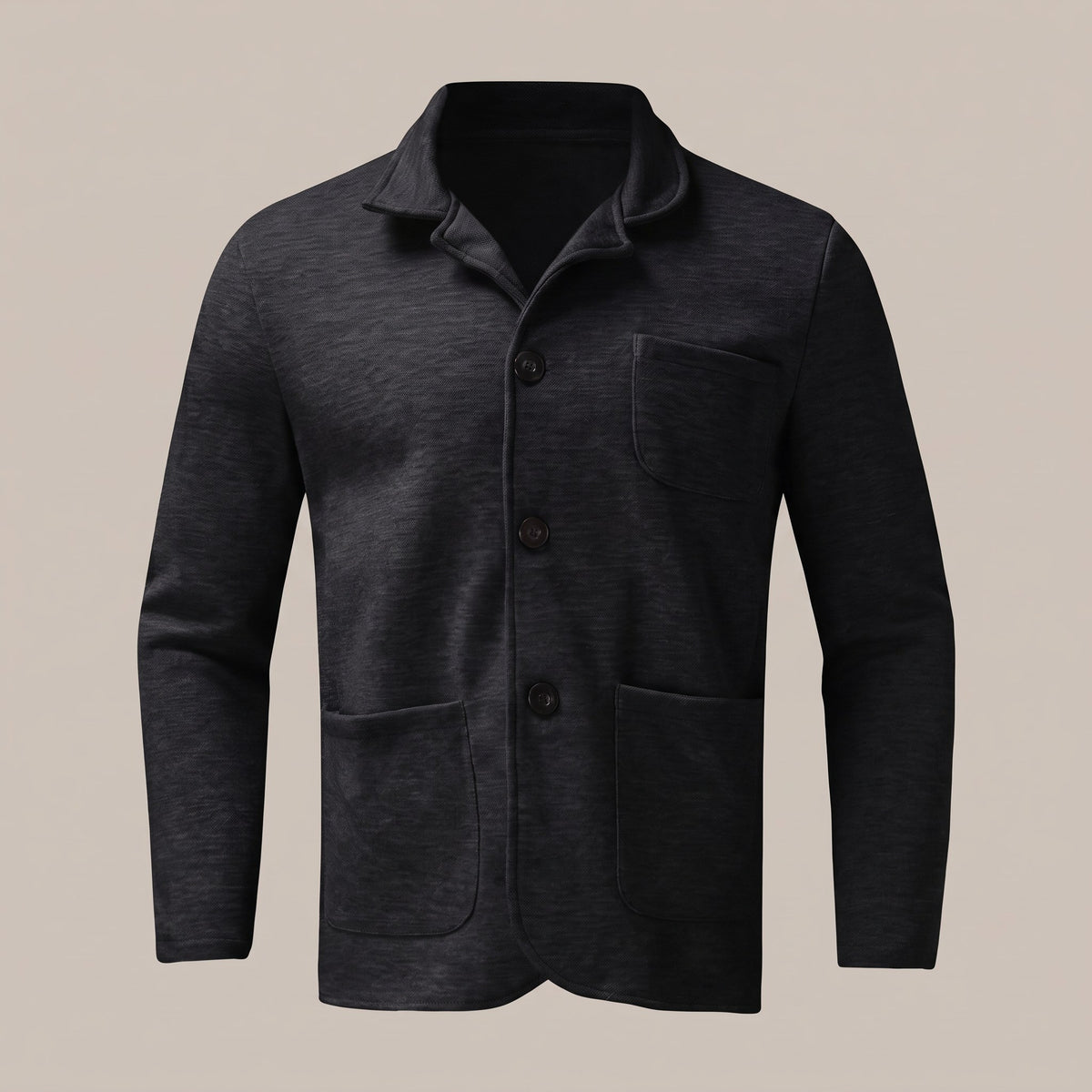 Black unstructured blazer with patch pockets, front view