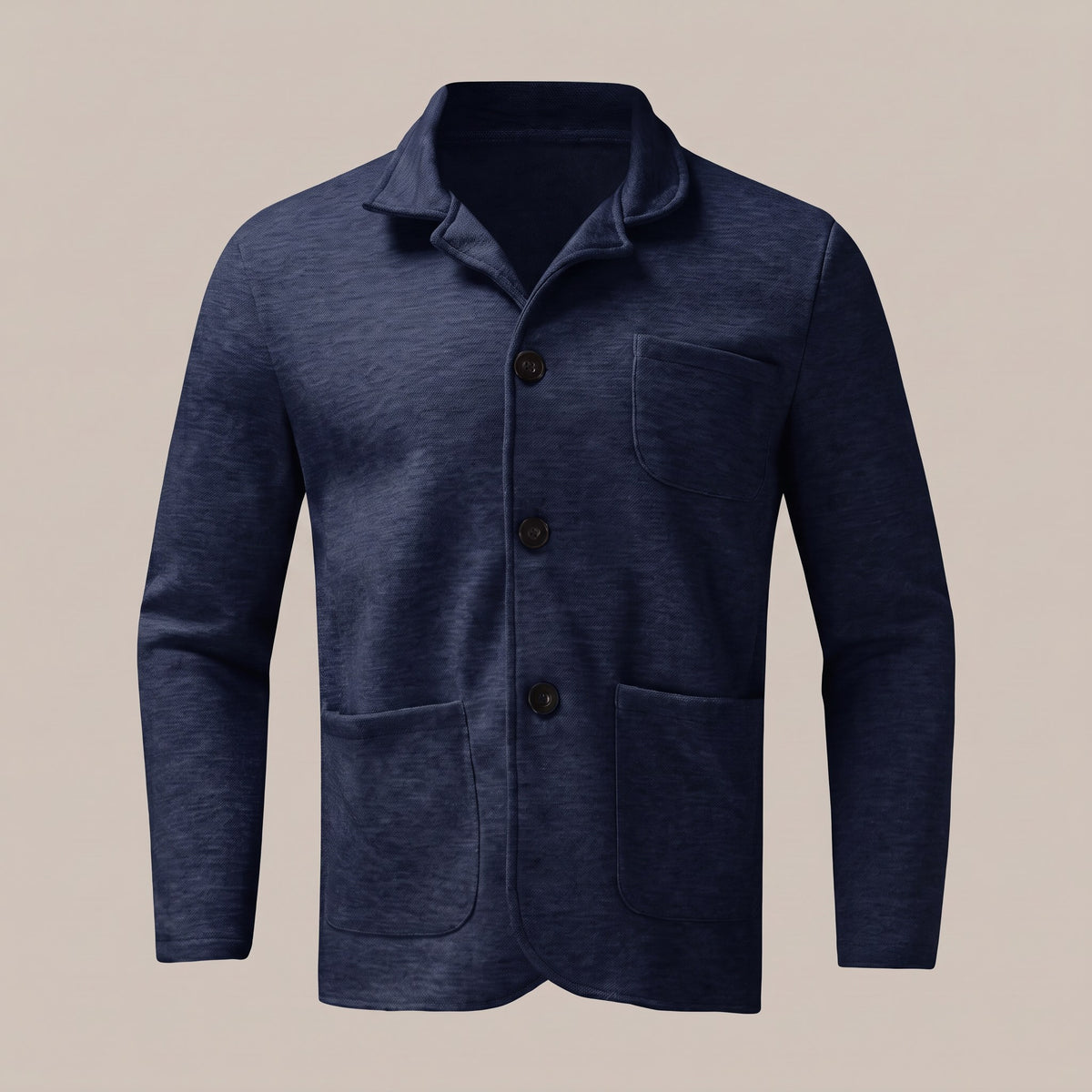 Navy blue unstructured blazer with patch pockets, front view