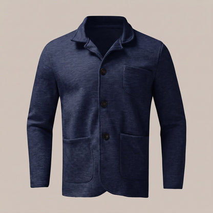 Navy blue unstructured blazer with patch pockets, front view