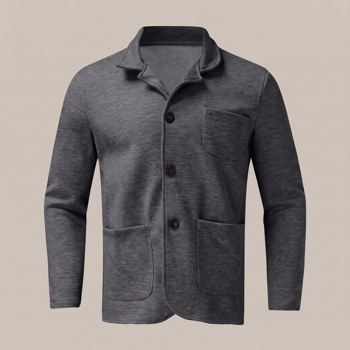 Dark gray unstructured blazer with patch pockets, front view