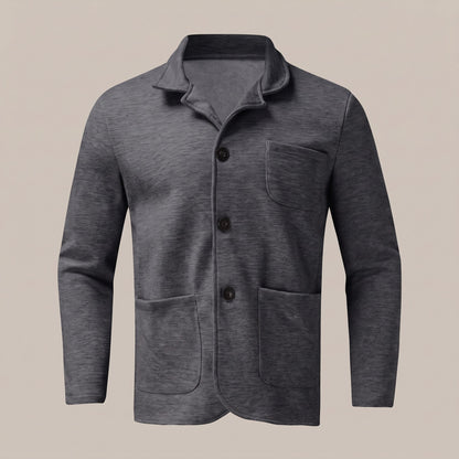 Dark gray unstructured blazer with patch pockets, front view