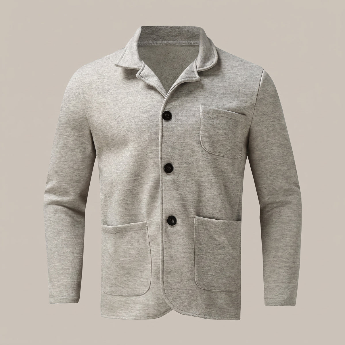 Light gray unstructured blazer with three buttons and patch pockets, front view