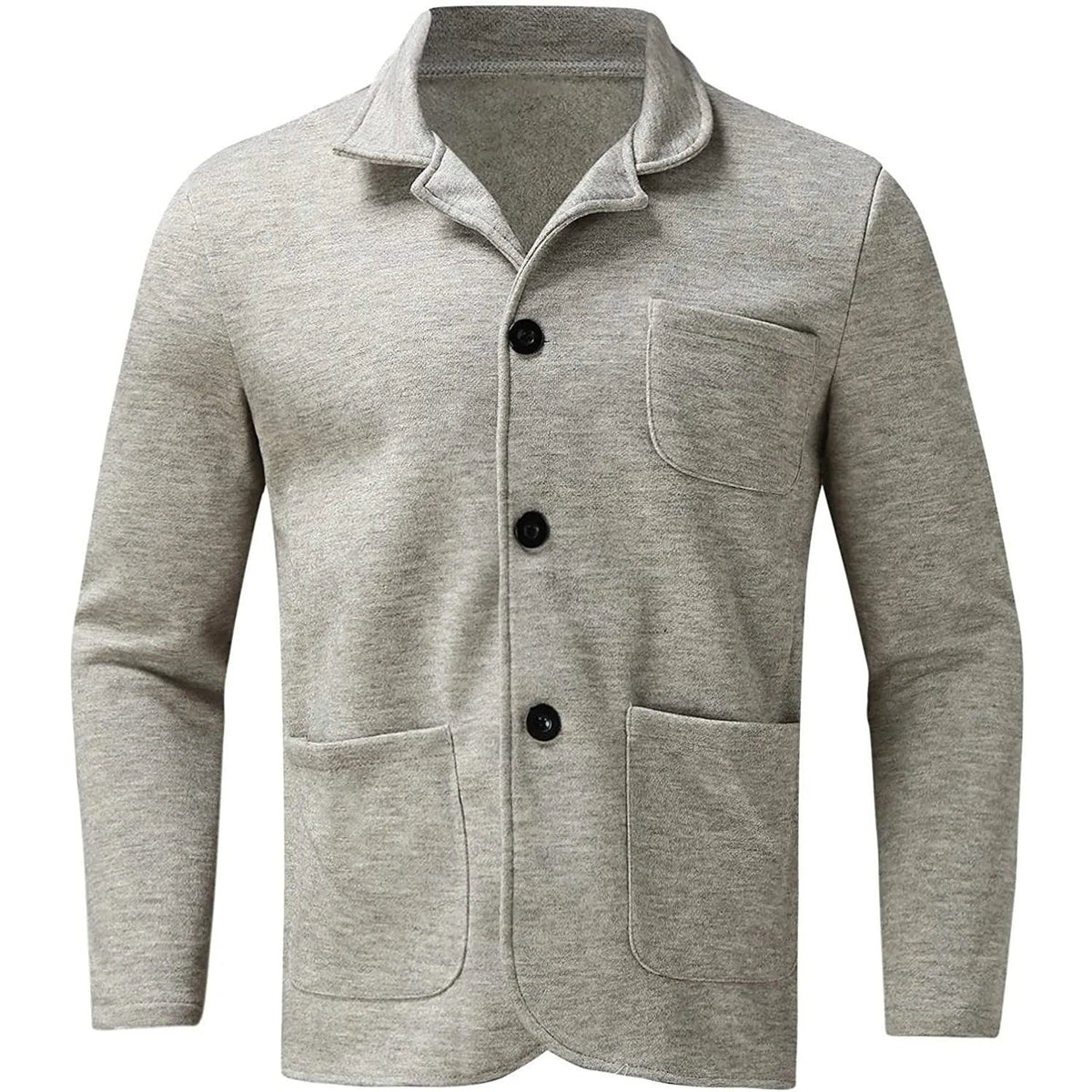 Light grey unstructured blazer laid flat with three black buttons and patch pockets