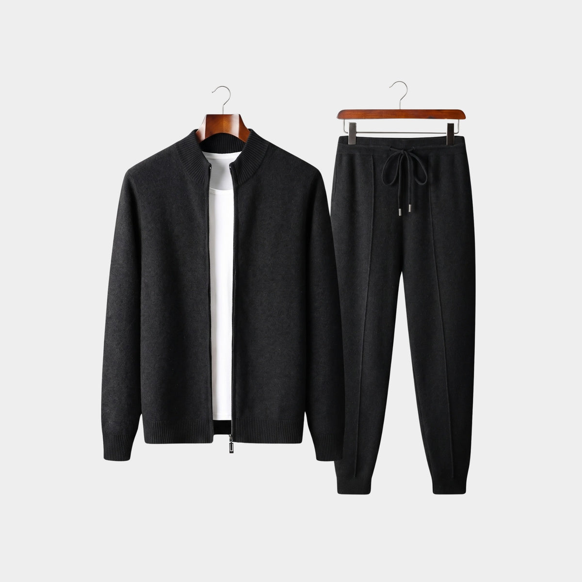 Black zip-front knit jacket and drawstring jogger set, front view