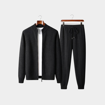 Black zip-front knit jacket and drawstring jogger set, front view