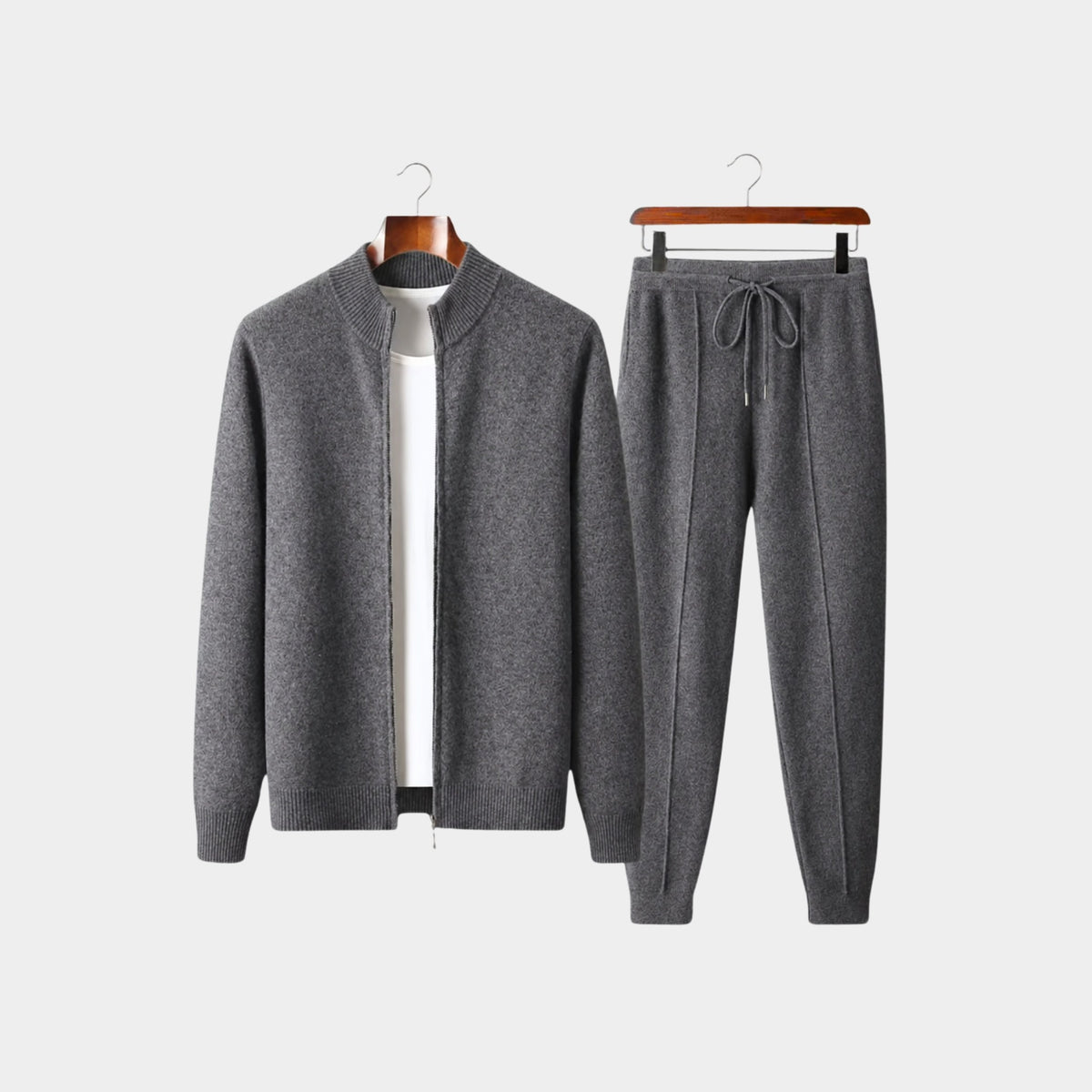 Dark gray zip-front knit jacket and drawstring jogger set, front view