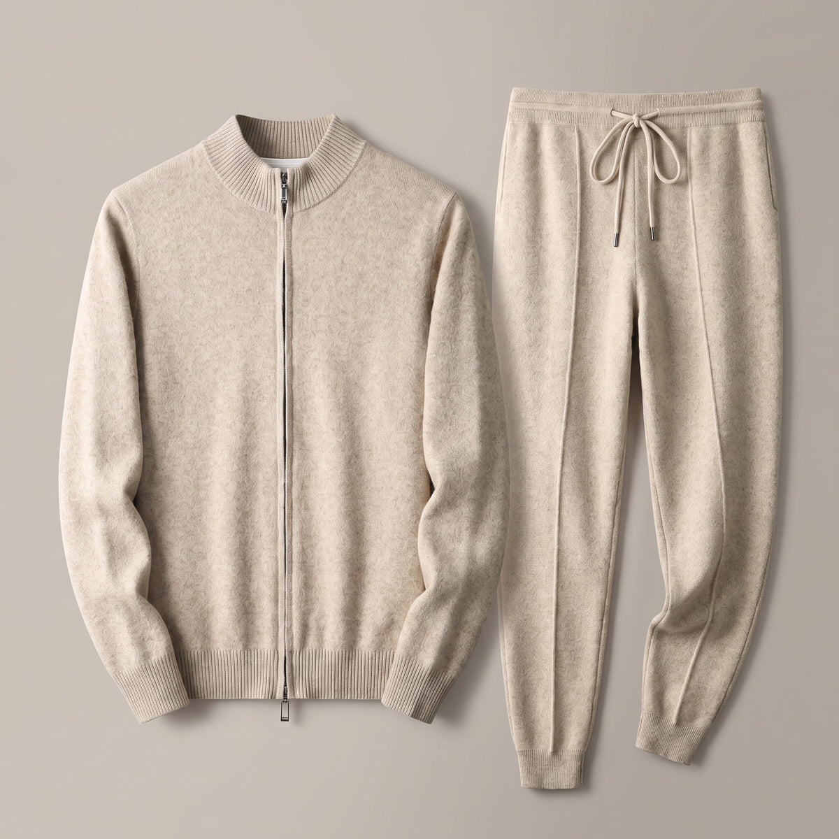 Beige zip-front knit jacket and drawstring jogger set, front view
