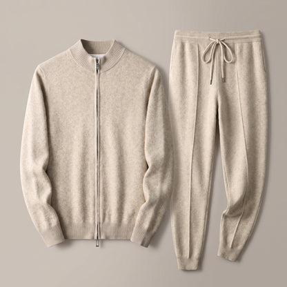 Beige zip-front knit jacket and drawstring jogger set, front view