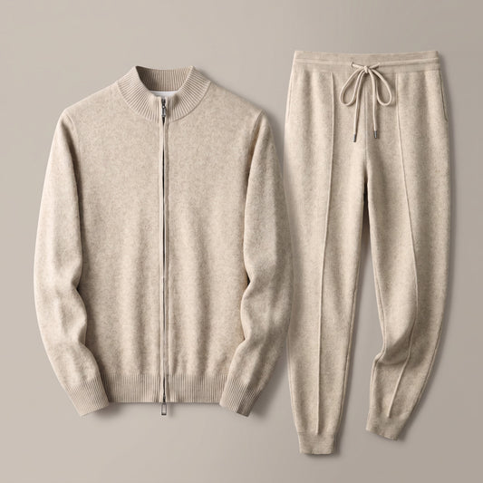 Beige zip-front knit jacket and drawstring jogger set, front view