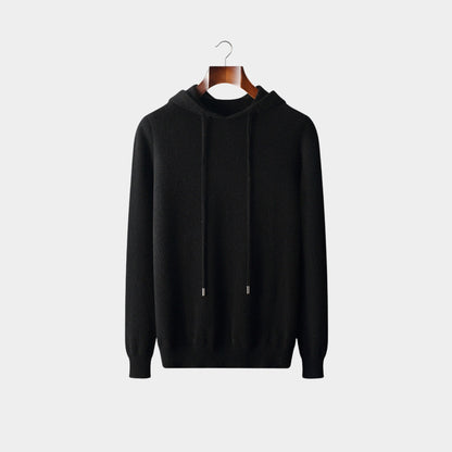 Black knit hooded sweater with drawcord and ribbed cuffs, front view