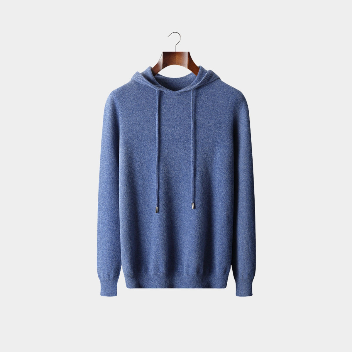 Blue knit hooded sweater with drawcord and ribbed cuffs, front view
