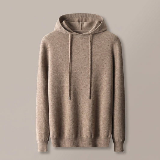 Camel knit hooded sweater with drawcord and ribbed cuffs, front view