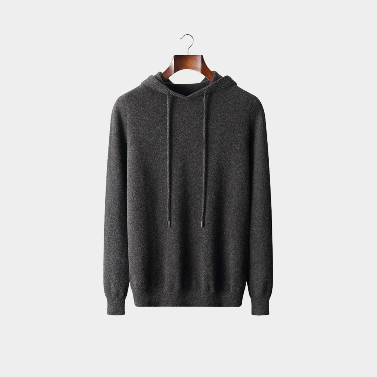 Dark gray knit hooded sweater with drawcord and ribbed cuffs, front view