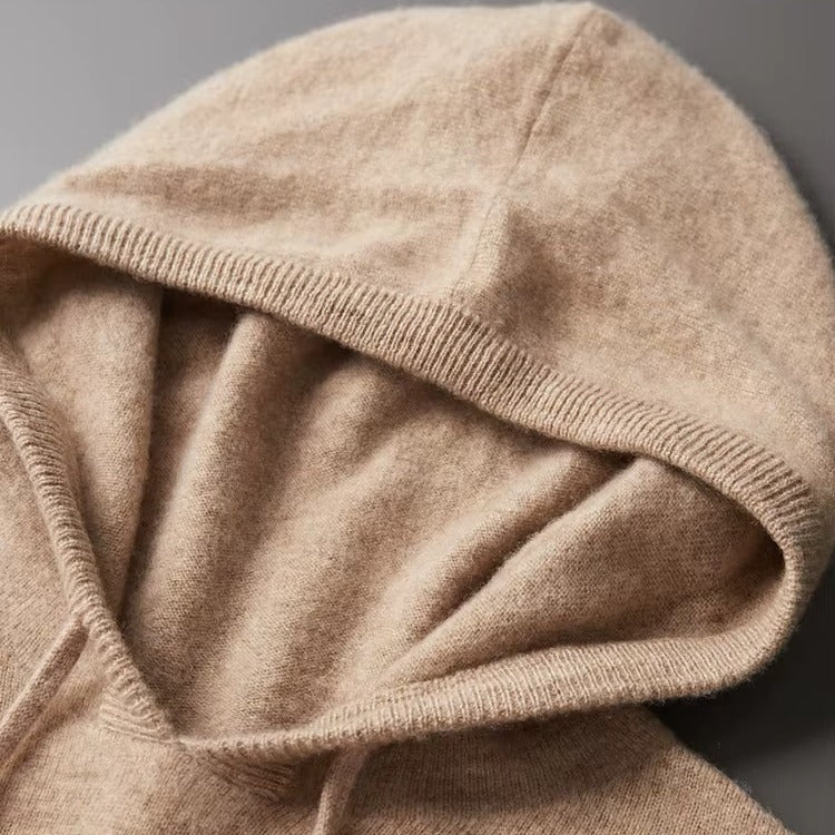 Close view of the knit hood and drawcord