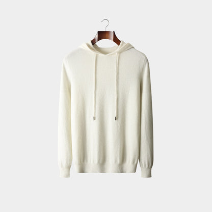 Ivory knit hooded sweater with drawcord and ribbed cuffs, front view