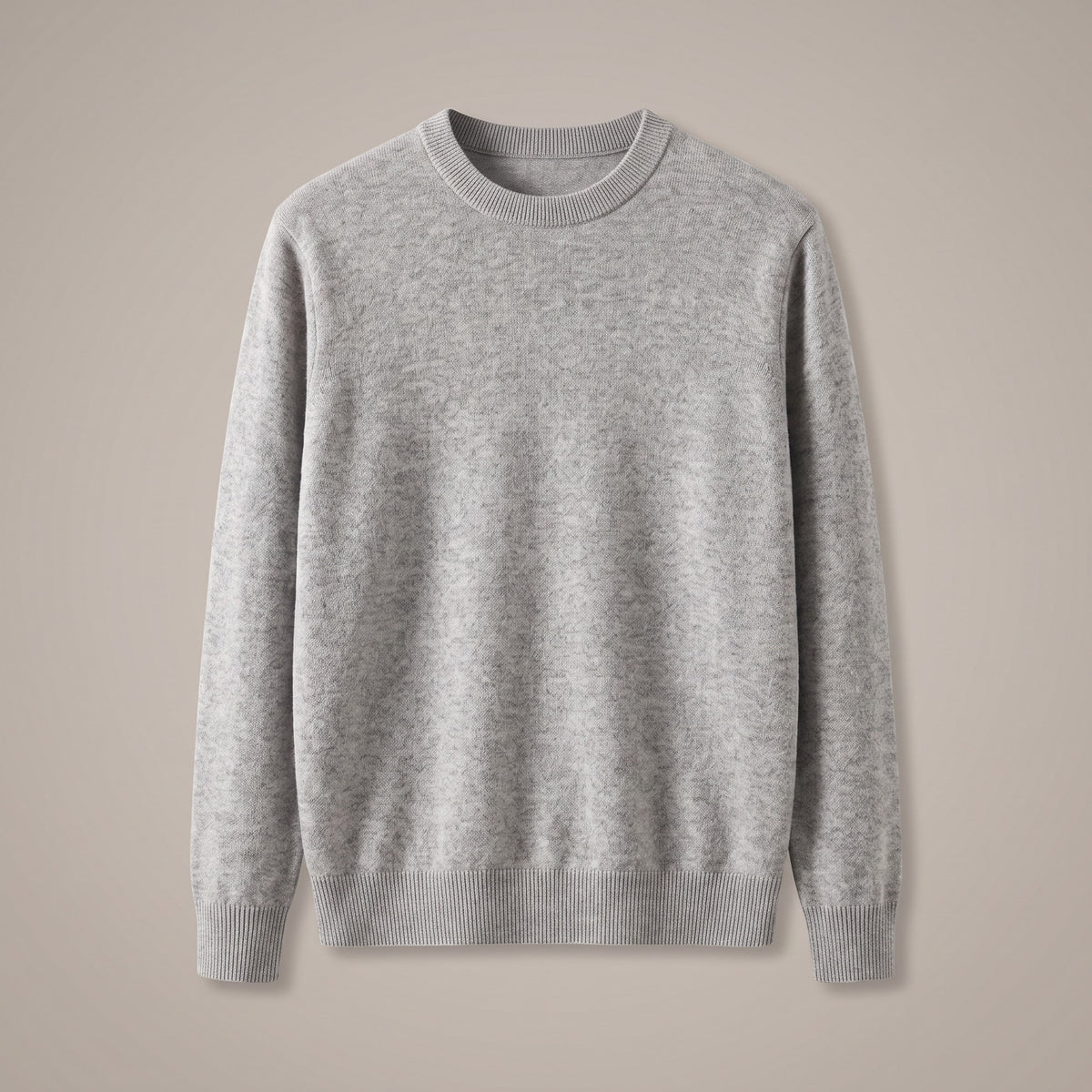 Light gray crewneck knit sweater with ribbed collar, cuffs and hem, front view
