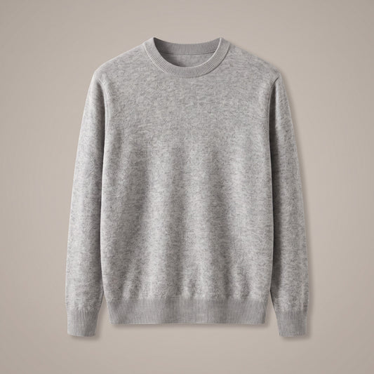 Light gray crewneck knit sweater with ribbed collar, cuffs and hem, front view