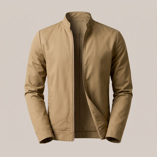 Khaki zip front jacket with mandarin stand collar, front view