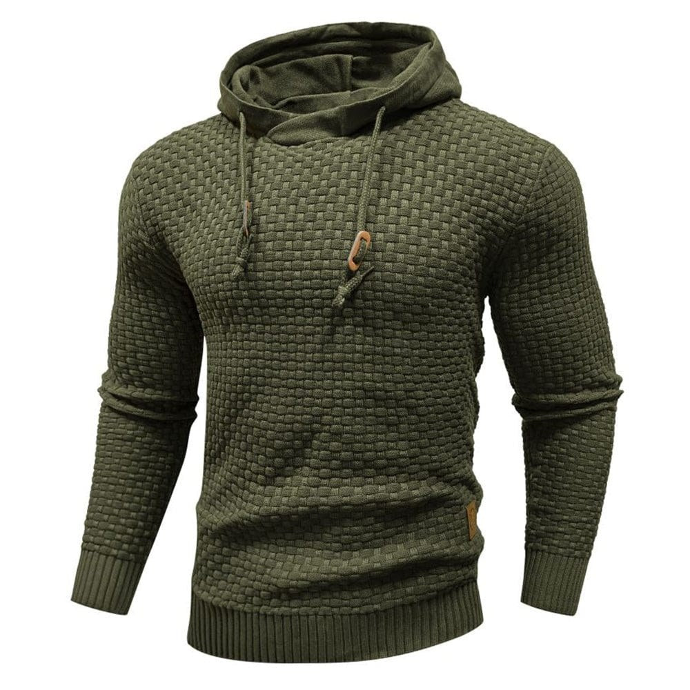 Army Green basket-weave hooded pullover, front view