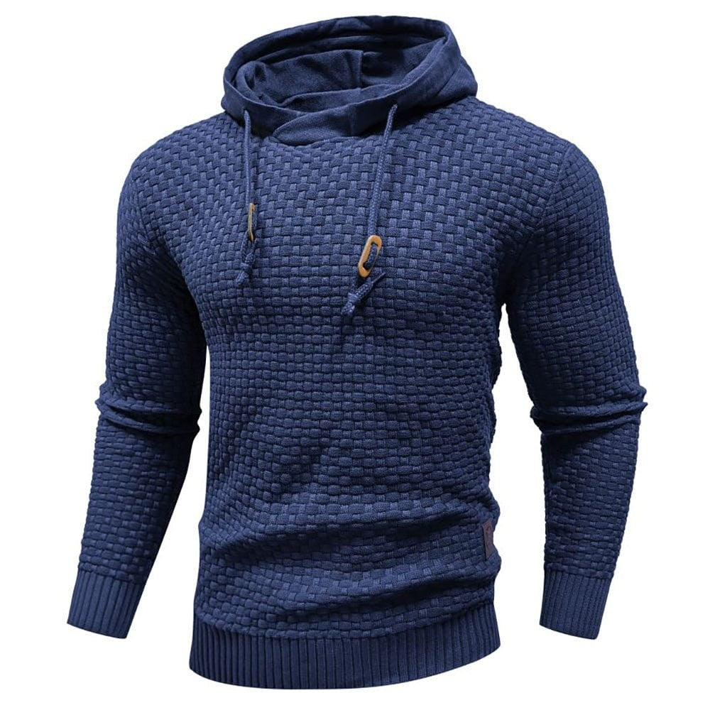 Blue basket-weave hooded pullover, front view