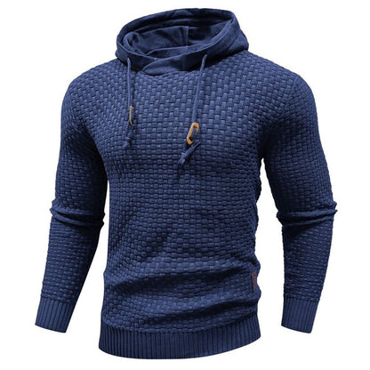 Blue basket-weave hooded pullover, front view