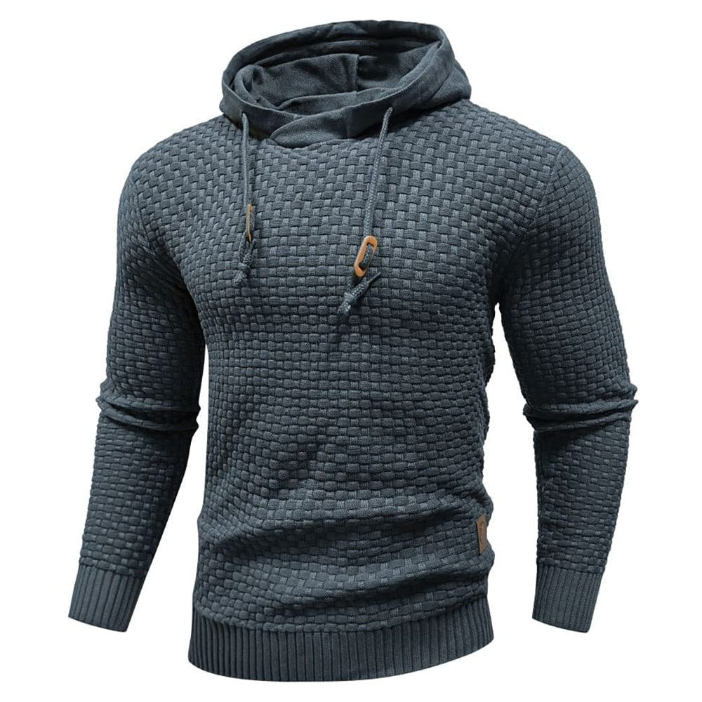 Blue-Gray basket-weave hooded pullover, front view