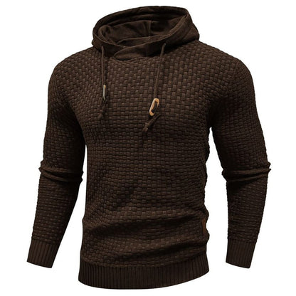 Brown basket-weave hooded pullover, front view