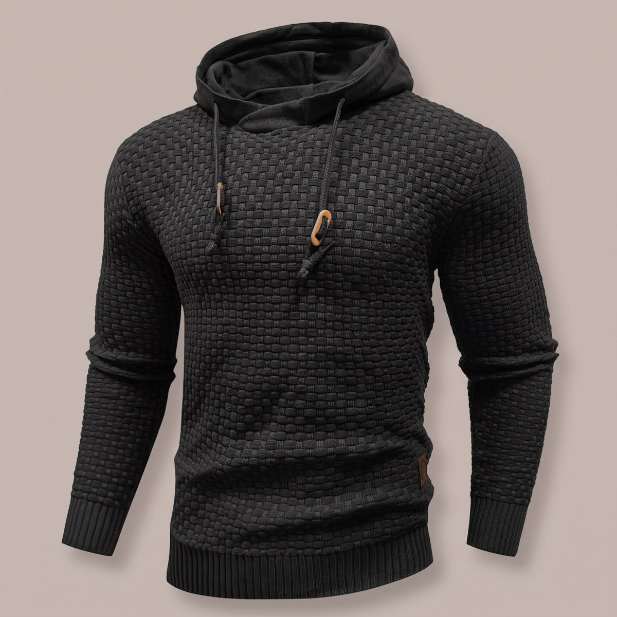 Black basket-weave hooded pullover, front view