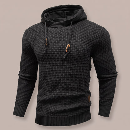 Black basket-weave hooded pullover, front view