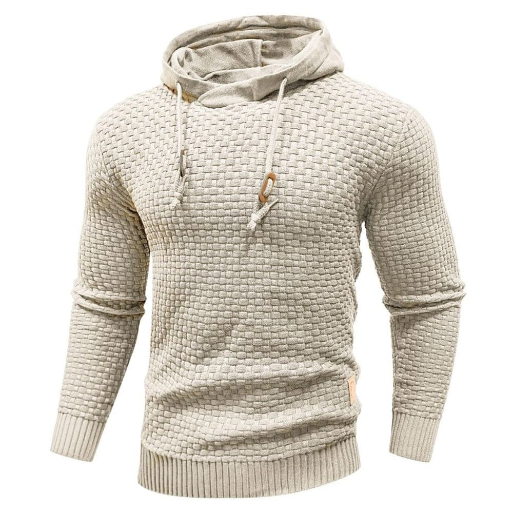 Khaki basket-weave hooded pullover, front view