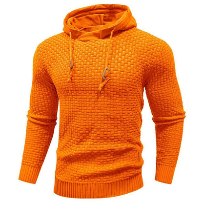 Orange basket-weave hooded pullover, front view