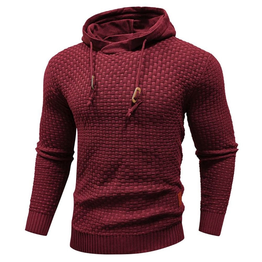 Red basket-weave hooded pullover, front view