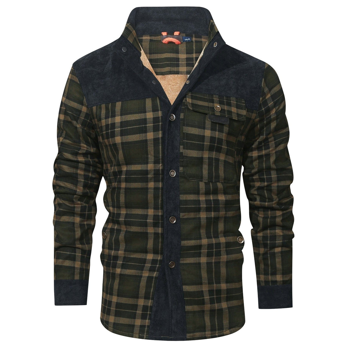 Black Army Green plaid shirt jacket with corduroy-look yoke, front view