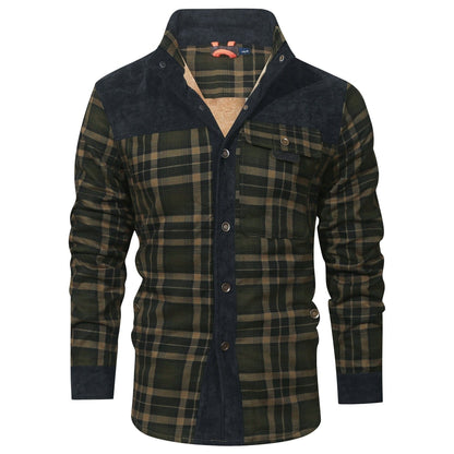 Black Army Green plaid shirt jacket with corduroy-look yoke, front view