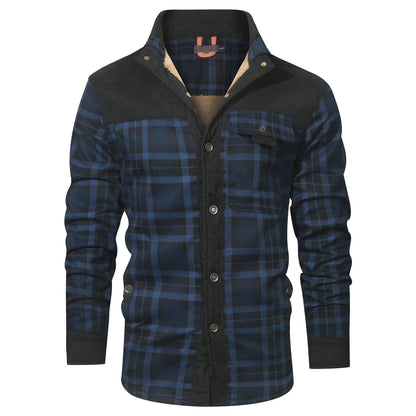 Blue plaid shirt jacket with corduroy-look yoke, front view
