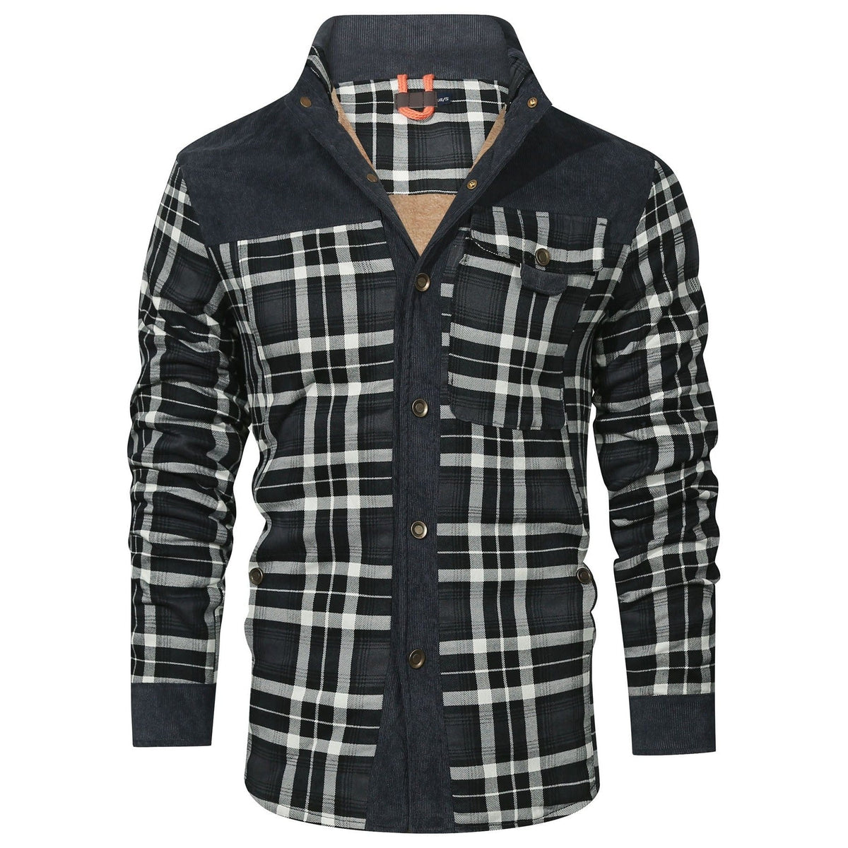 Dark Gray plaid shirt jacket with corduroy-look yoke, front view