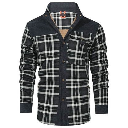 Dark Gray plaid shirt jacket with corduroy-look yoke, front view
