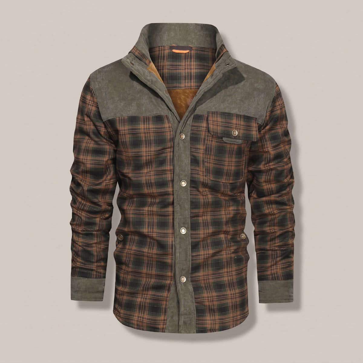 Army Green plaid shirt jacket with corduroy-look yoke, front view