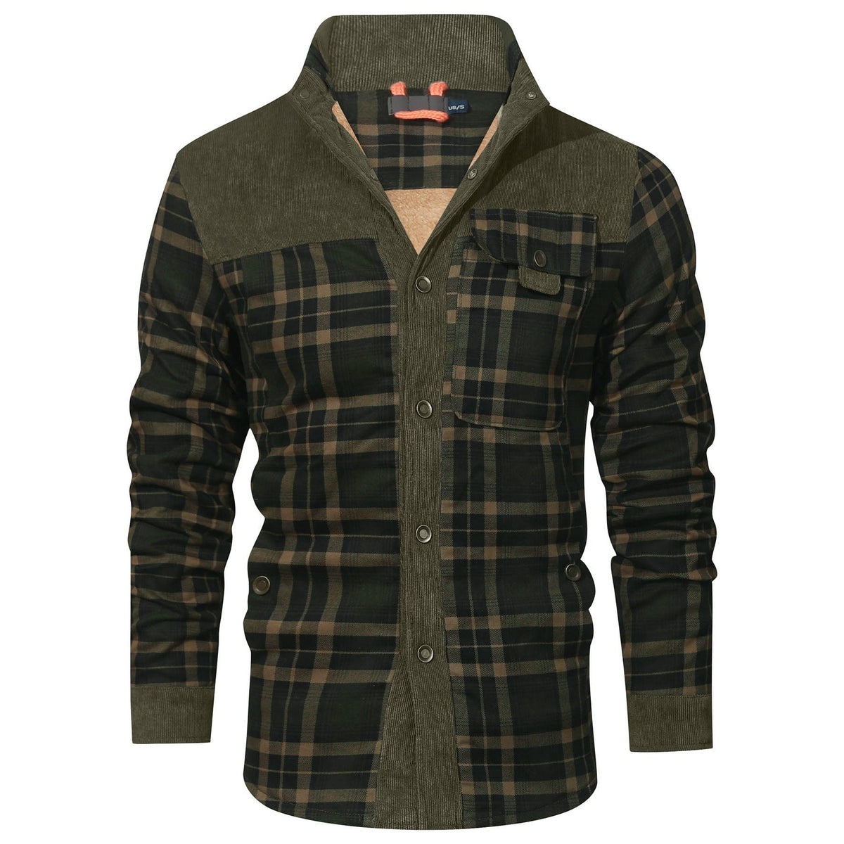Light Army Green plaid shirt jacket with corduroy-look yoke, front view