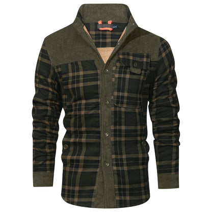 Light Army Green plaid shirt jacket with corduroy-look yoke, front view