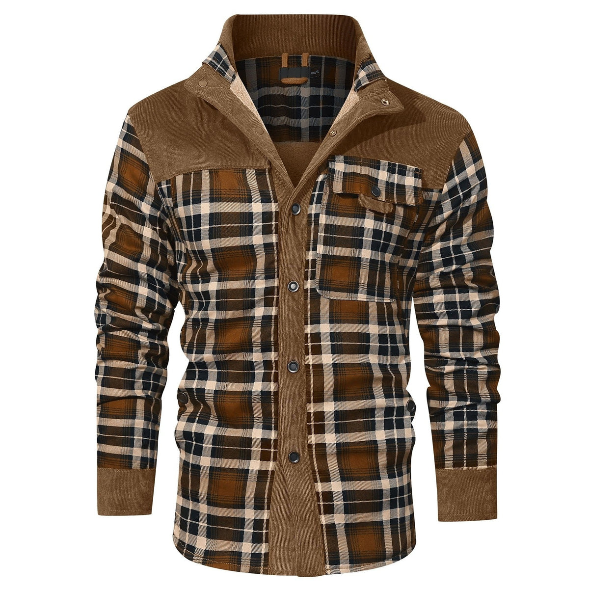 Light Brown plaid shirt jacket with corduroy-look yoke, front view