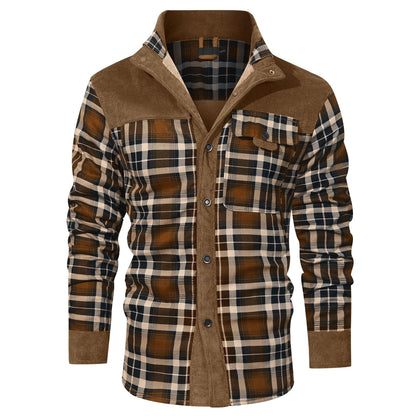 Light Brown plaid shirt jacket with corduroy-look yoke, front view